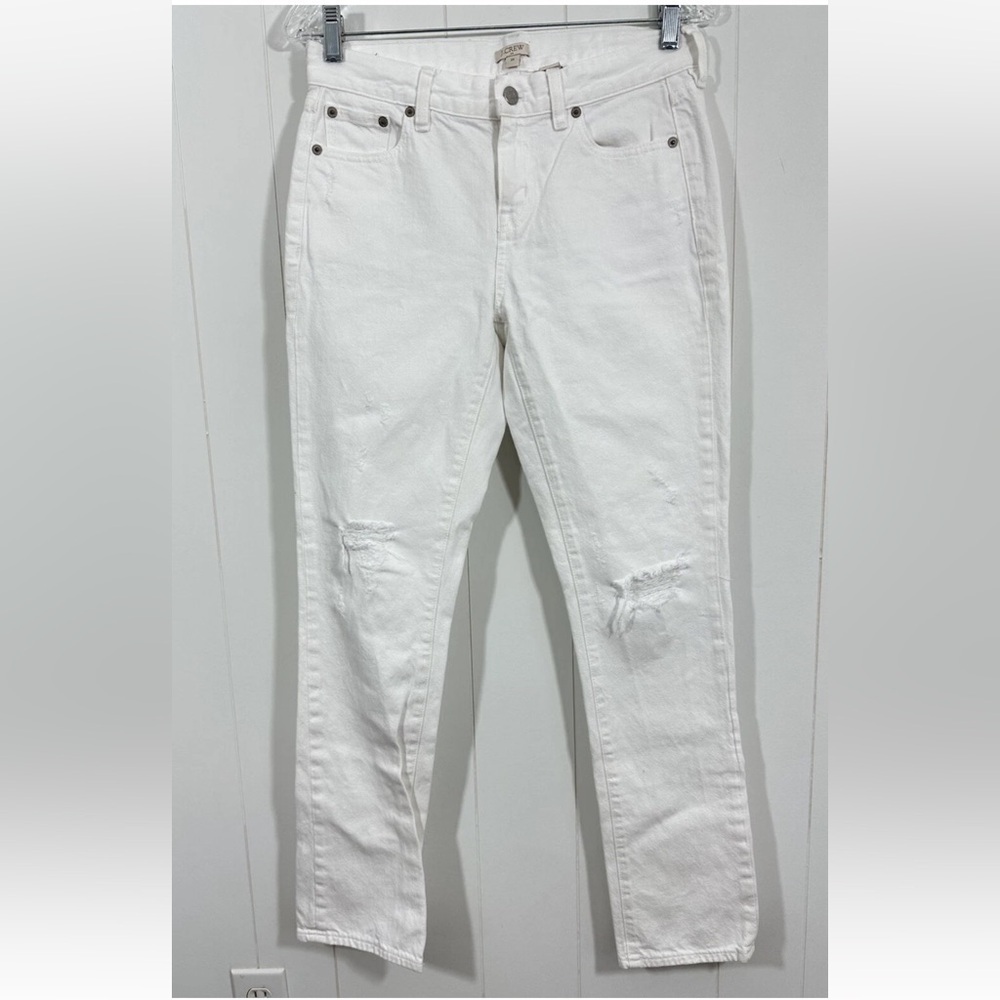 J Crew Sz 25 Women’s White Mid Rise Straight Leg Distress Denim Jeans